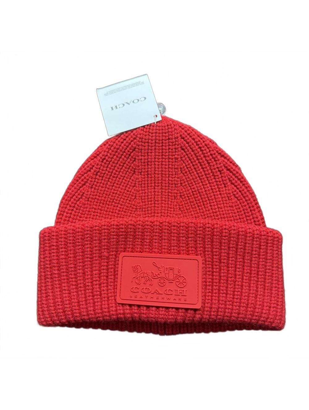 Coach Red Knit Beanie Hat with Leatherware Patch